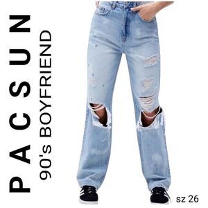 Pacsun 90's Boyfriend Rip Torn Very Distressed Denim High Rise Blue Jeans